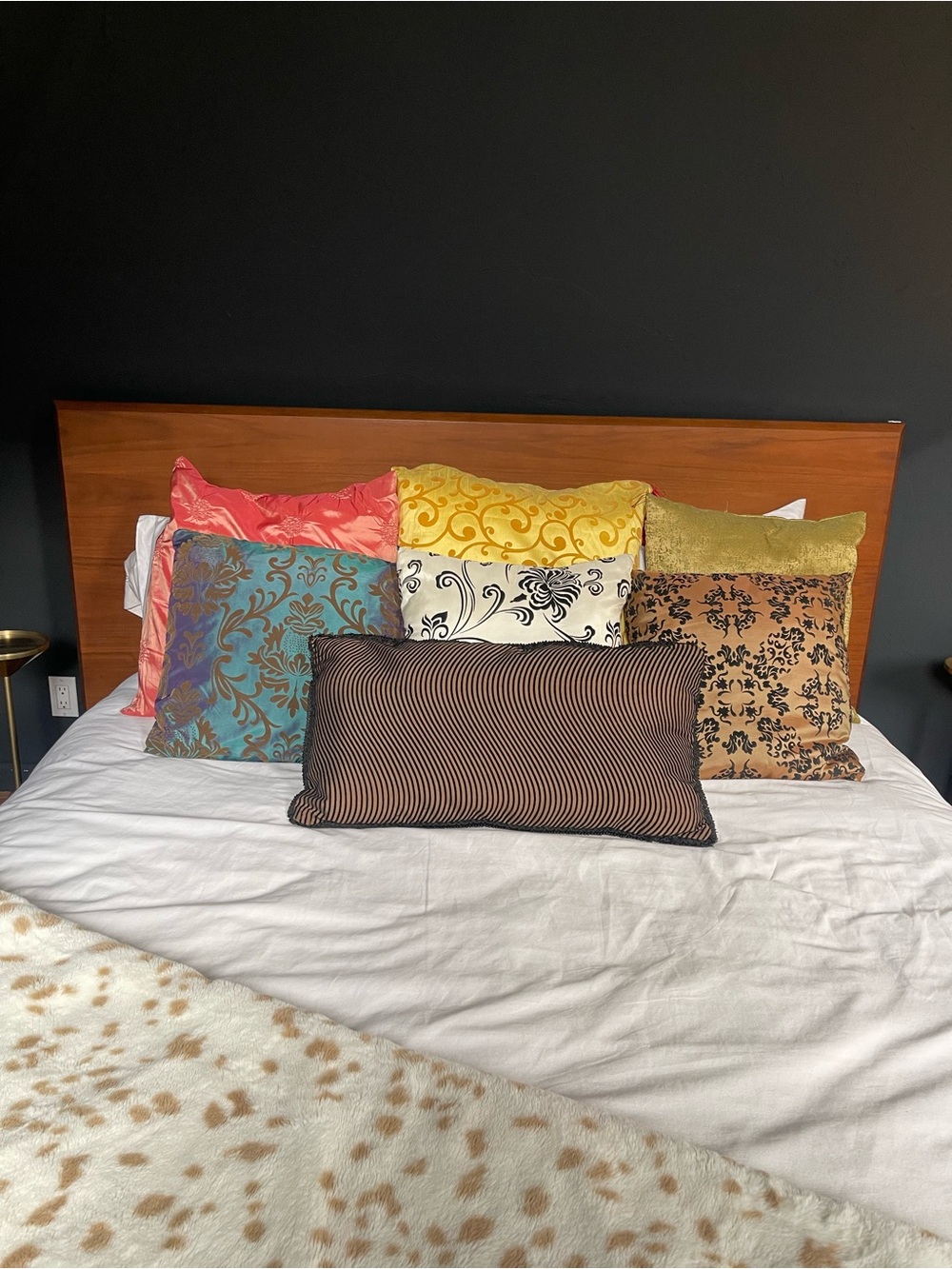 Blue Damask Decorative Pillow with Gold Pattern - Picture 4 of 4
